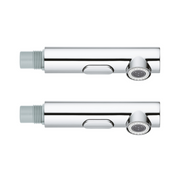 Two chrome pull-out kitchen faucet sprays with threaded connectors and spray heads.