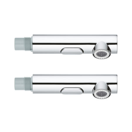 Two chrome pull-out kitchen faucet sprays with threaded connectors and spray heads.