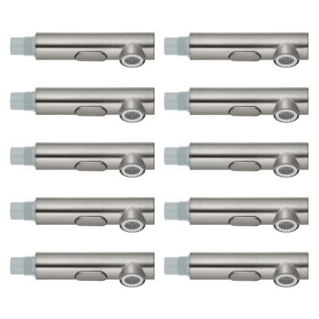 Ten stainless steel pull-out spray heads with threaded connectors arranged in two columns.