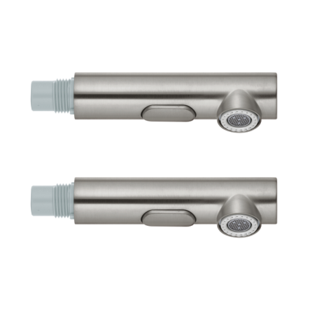 Two stainless steel pull-out spray heads with threaded connectors and spray nozzles.
