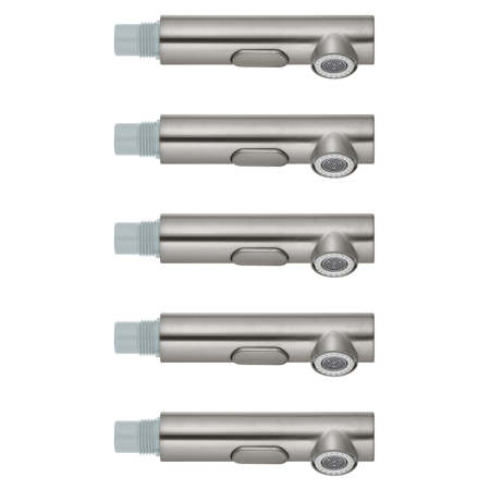 Five stainless steel pull-out spray heads with threaded connectors and trigger buttons.