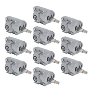 Ten gray pressure balance valve cartridges with metal stems arranged in rows.