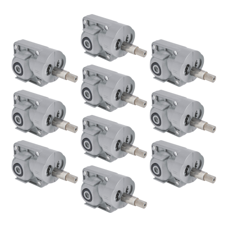 Ten gray pressure balance valve cartridges with metal stems arranged in rows.
