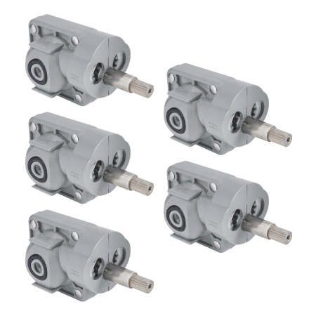 Five gray cylindrical pressure balance valve cartridges with metal stems arranged in staggered rows.