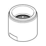 Cylindrical chrome flow control cartridge with threaded ring and perforated mesh insert.
