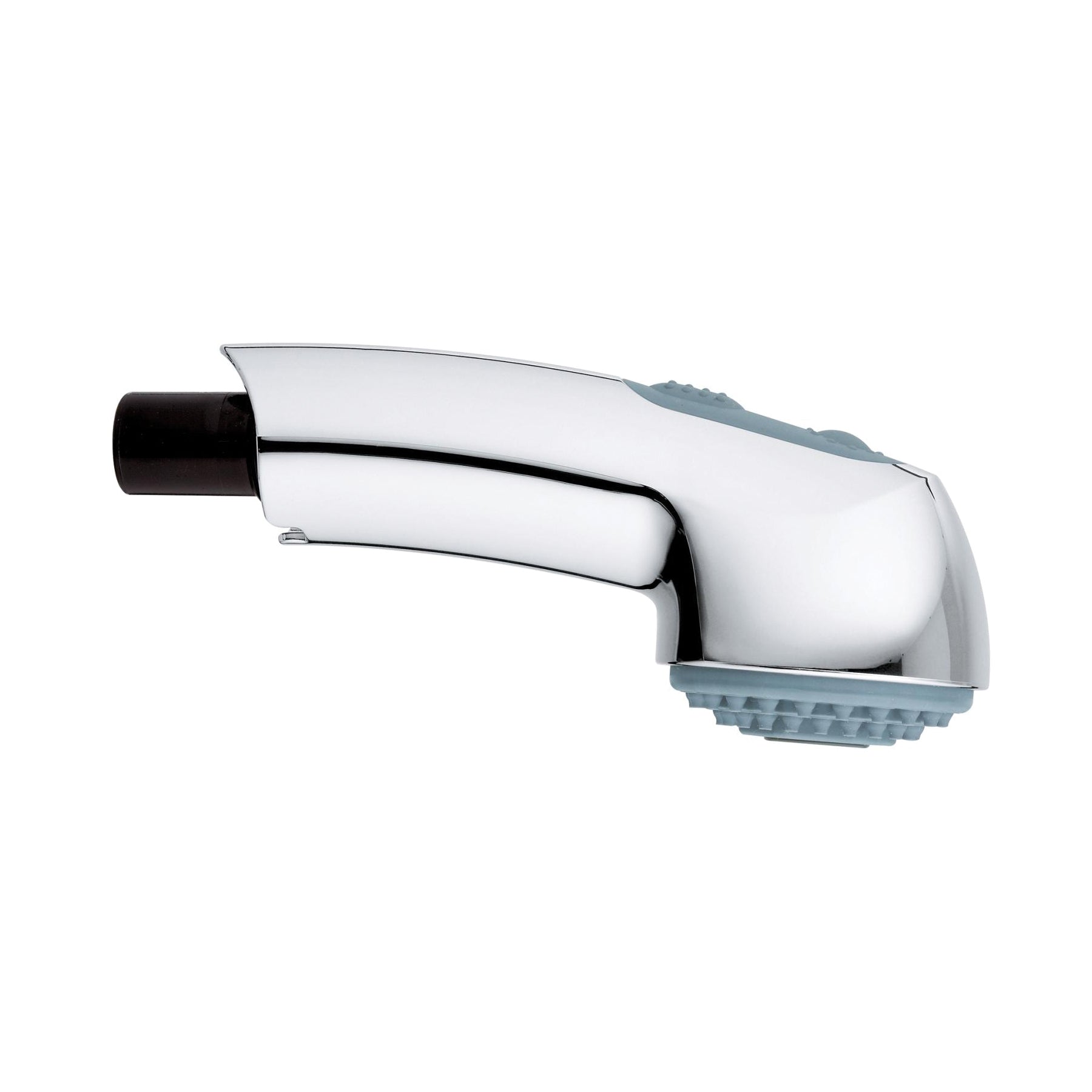 Chrome pull-out faucet head with dual spray nozzle and black rubber grip handle.