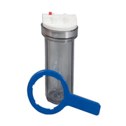 Clear plastic water filter housing with white top cap, metal band, and blue wrench tool.