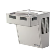 Stainless steel wall-mounted water cooler with three push buttons, curved drinking basin, and cooling unit with ventilation g