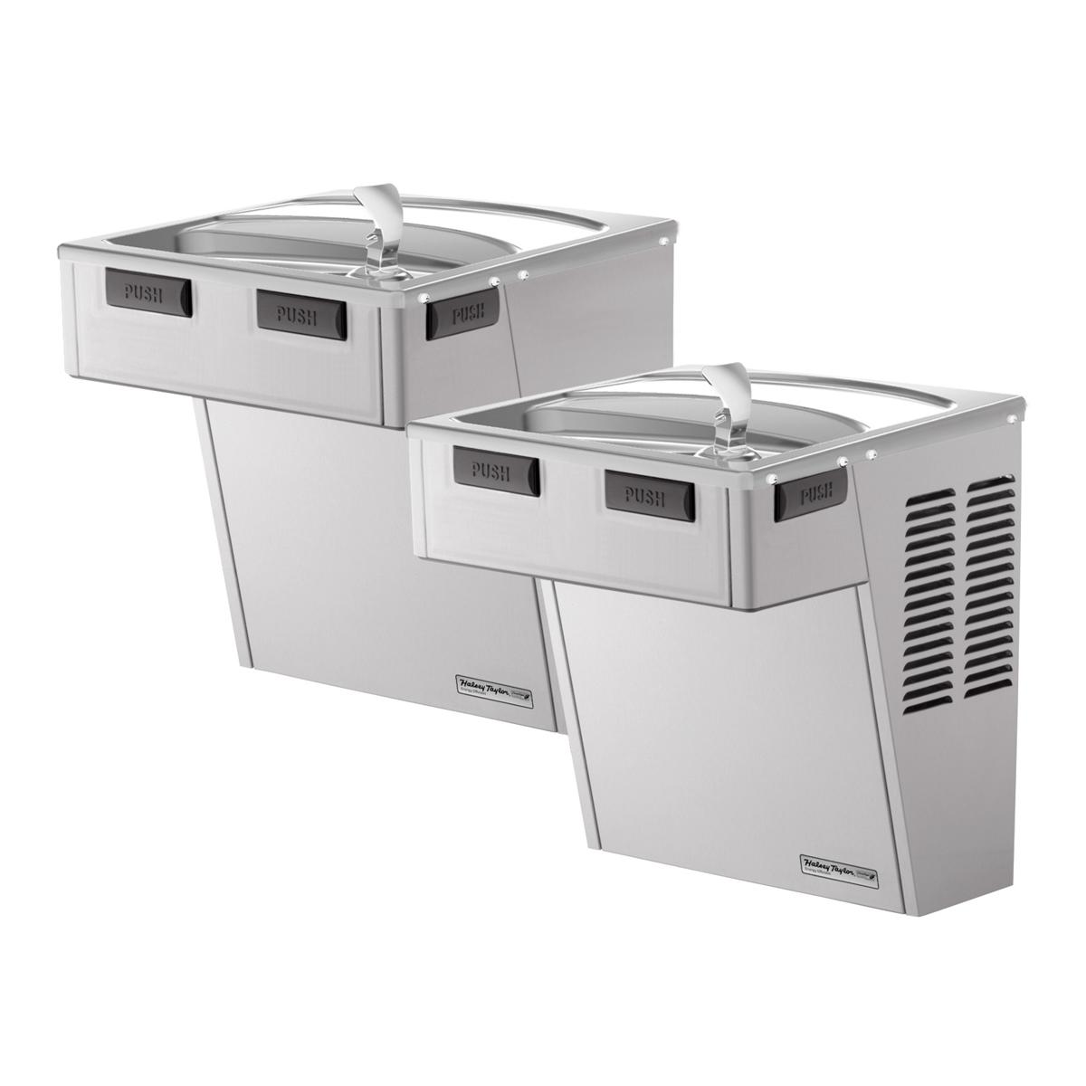 Stainless steel wall-mounted bi-level water cooler with two fountain basins, push buttons, and ventilation grilles on the low