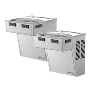 Stainless steel wall-mounted bi-level water cooler with two fountain basins, push buttons, and ventilation grilles on the low