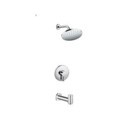 Chrome tub and shower set with overhead rainfall showerhead, wall-mounted control valve, and tub spout.