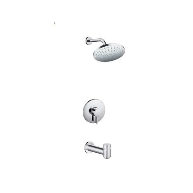 Chrome tub and shower set with overhead rainfall showerhead, wall-mounted control valve, and tub spout.