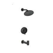 Matte black tub and shower set with round showerhead, wall-mounted valve trim, and tub spout.