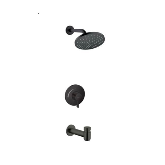 Matte black tub and shower set with round showerhead, wall-mounted valve trim, and tub spout.
