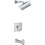 Chrome tub/shower set with rectangular showerhead, wall-mounted arm, single-lever valve trim, and tub spout.