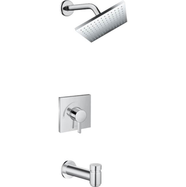 Chrome tub/shower set with rectangular showerhead, wall-mounted arm, single-lever valve trim, and tub spout.