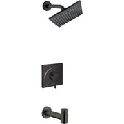 Matte black tub and shower set with square rainfall showerhead, wall-mounted valve trim, and tub spout.