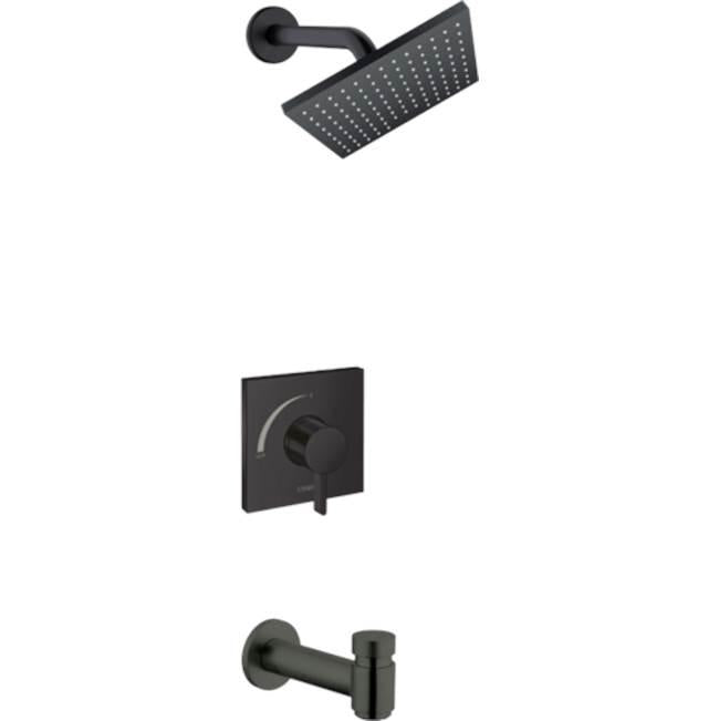 Matte black tub and shower set with square rainfall showerhead, wall-mounted valve trim, and tub spout.