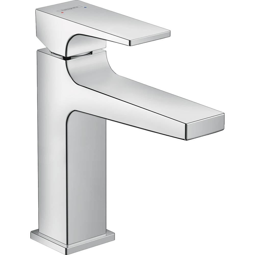 Chrome single-hole bathroom faucet with curved spout, lever handle, and rectangular base.
