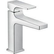Chrome single-hole bathroom faucet with curved spout, lever handle, and rectangular base.