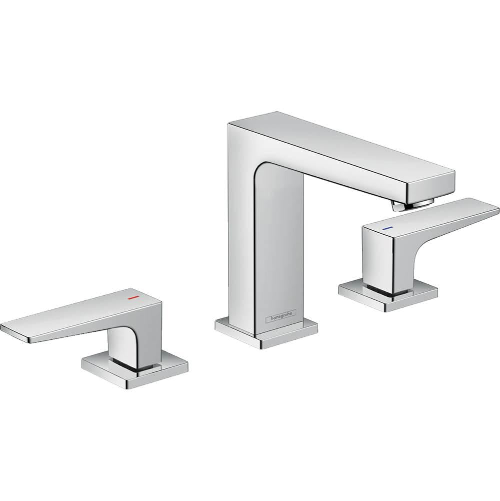 Chrome widespread bathroom faucet with rectangular spout, tall center body, and two lever handles on square bases.