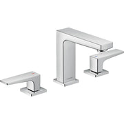 Chrome widespread bathroom faucet with rectangular spout, tall center body, and two lever handles on square bases.