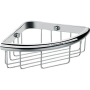 Chrome corner shower basket with curved top rail and wire storage compartments, mounted with two brackets.