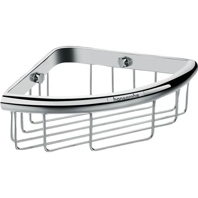 Chrome corner shower basket with curved top rail and wire storage compartments, mounted with two brackets.