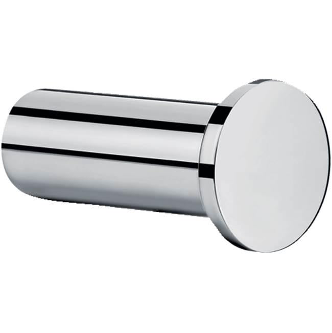 Chrome cylindrical hook with circular end cap and horizontal mounting base.