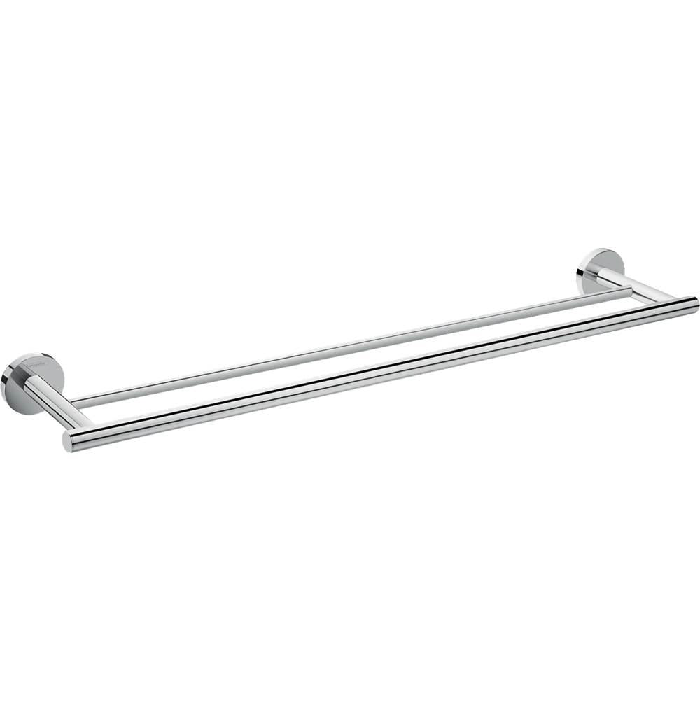 Chrome dual towel bar with two parallel horizontal rails mounted on circular wall brackets.