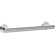 Chrome towel bar with cylindrical rod and circular wall-mounted end brackets.