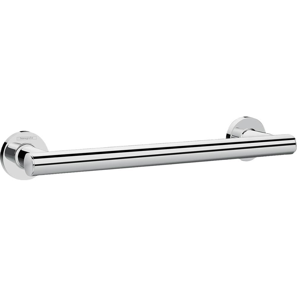 Chrome towel bar with cylindrical rod and circular wall-mounted end brackets.