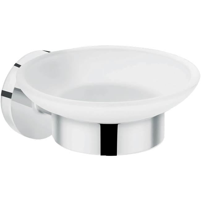 Chrome and white soap dish with oval ceramic bowl mounted on circular wall bracket.