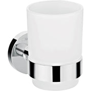Chrome and white ceramic wall-mounted tumbler with cylindrical cup holder.
