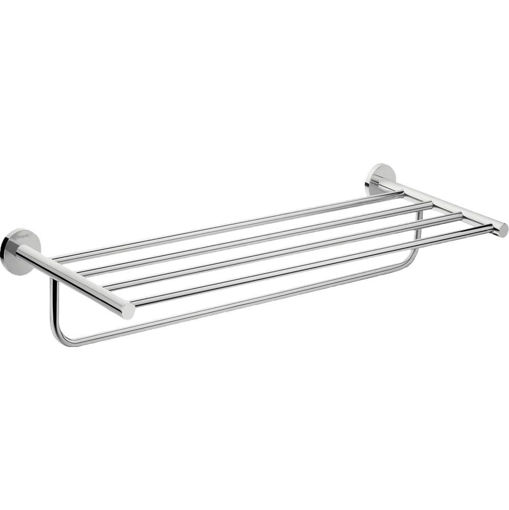 Chrome towel rack with multiple horizontal bars and round wall-mounted supports on each end.