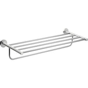 Chrome towel rack with multiple horizontal bars and round wall-mounted supports on each end.