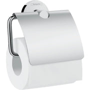 Chrome toilet paper holder with cover and roll mounted on white circular backing plate with Hansgrohe branding.