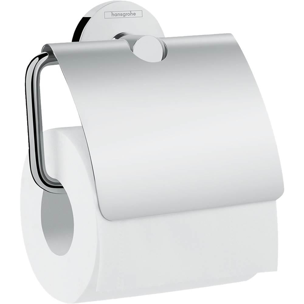 Chrome toilet paper holder with cover and roll mounted on white circular backing plate with Hansgrohe branding.