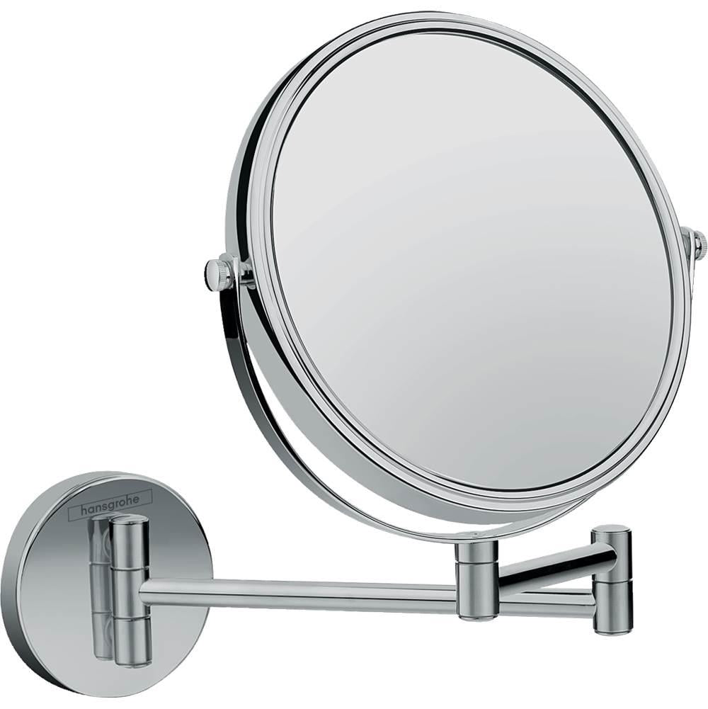 Chrome pull-out shaving mirror with circular reflective surface and extendable articulated arm mounted to round wall plate.