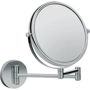 Chrome pull-out shaving mirror with circular reflective surface and extendable articulated arm mounted to round wall plate.