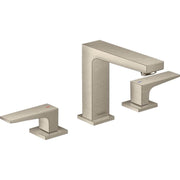 Brushed nickel three-piece widespread faucet with rectangular spout and two lever handles on square bases.