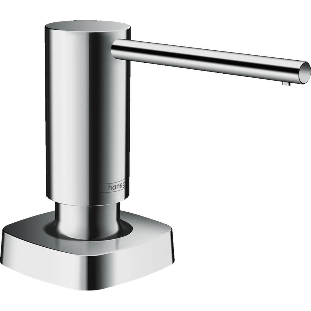 Chrome soap dispenser with cylindrical pump container and horizontal spout extending from the side.