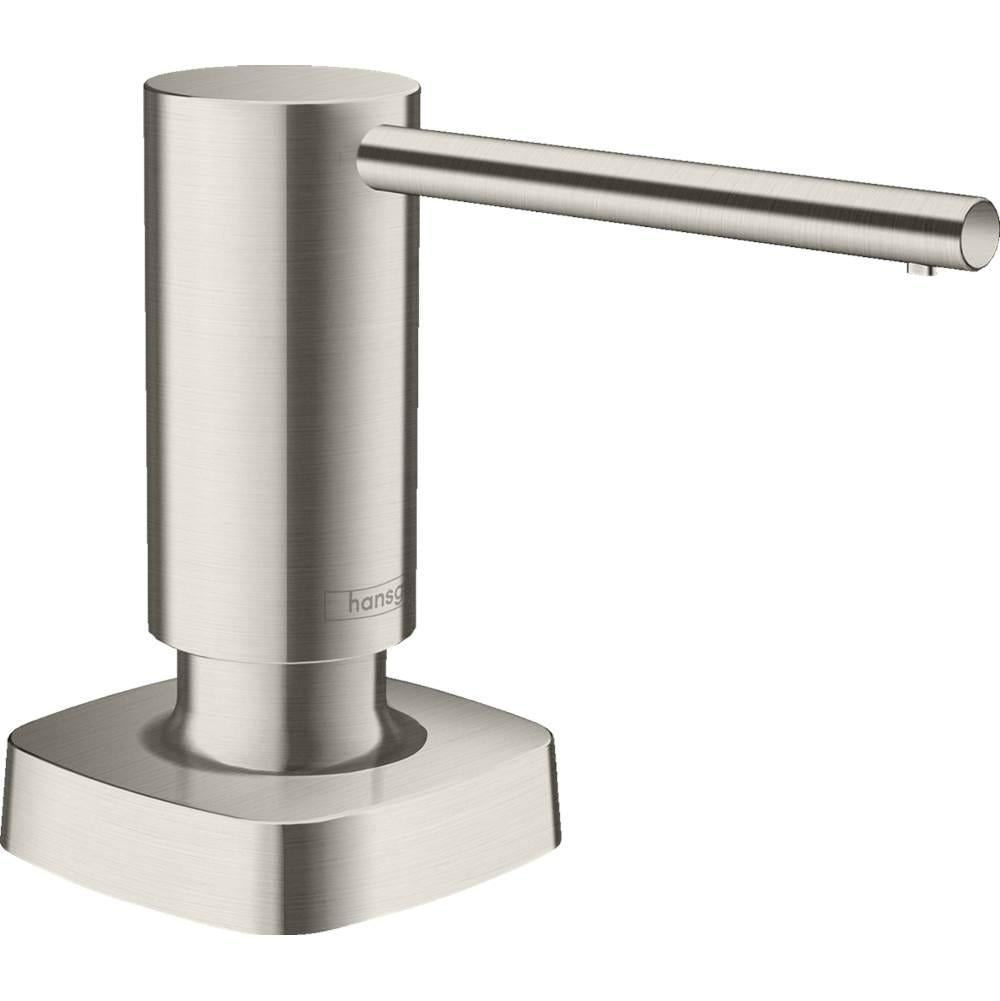 Stainless steel soap dispenser with cylindrical pump and wide base in brushed steel finish.