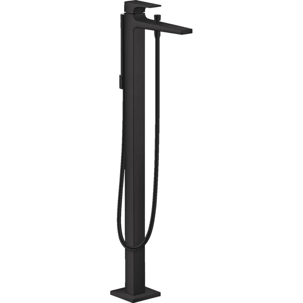 Matte black freestanding tub filler with lever handle, spout, and attached handshower hose.
