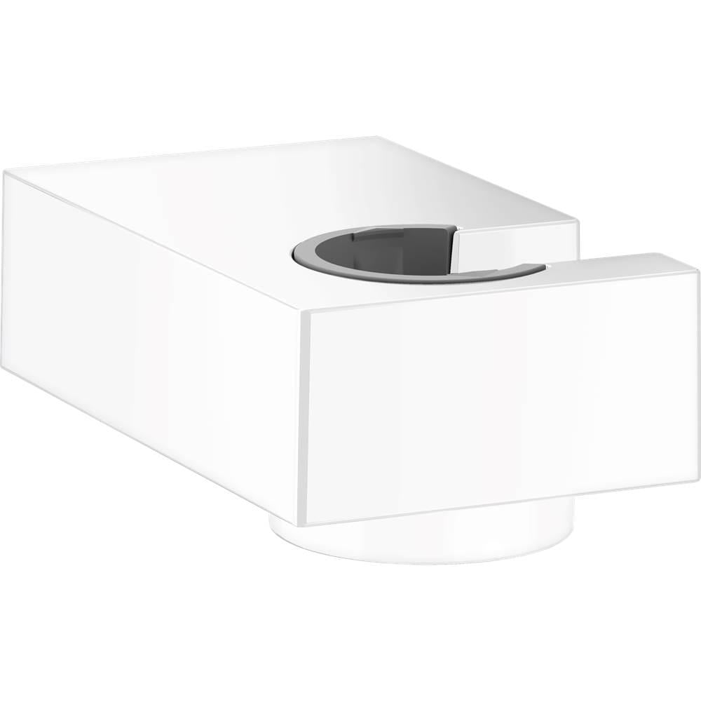 Brushed nickel handshower holder with oval cradle and white mounting bracket.