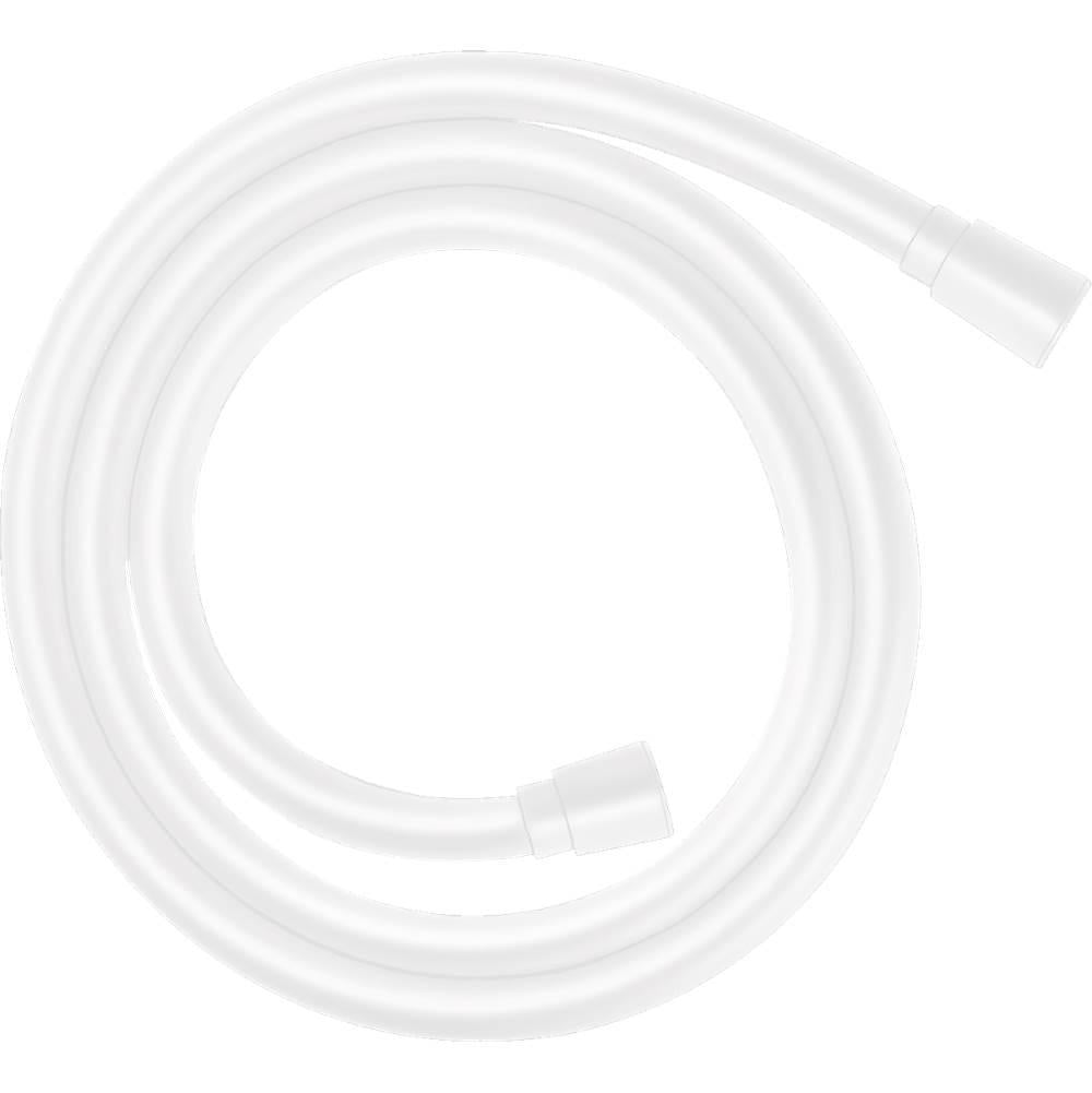 Matte white flexible shower hose coiled with connectors at both ends.
