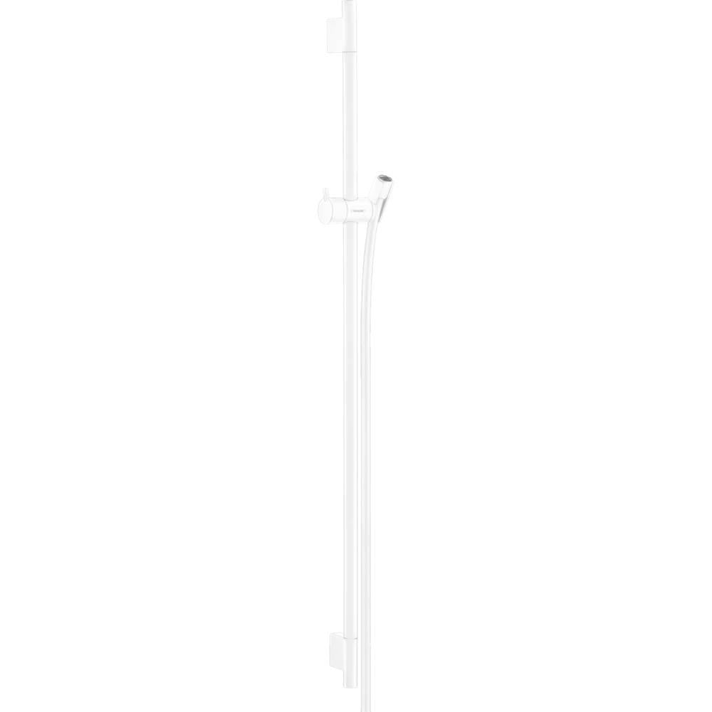 Matte white vertical shower bar with integrated hand shower holder and adjustable hand shower, 36 inches long.