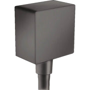 Square brushed black chrome wall outlet with cylindrical connection stem.