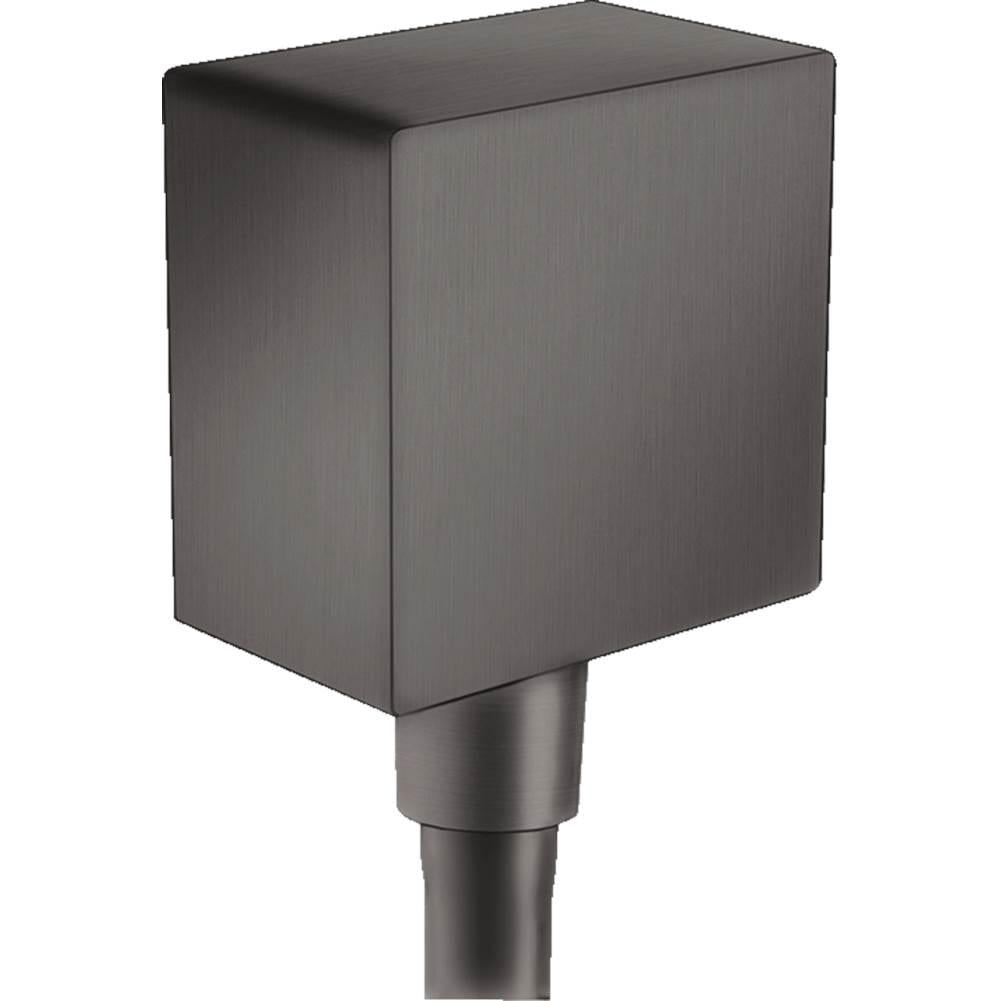 Square brushed black chrome wall outlet with cylindrical connection stem.