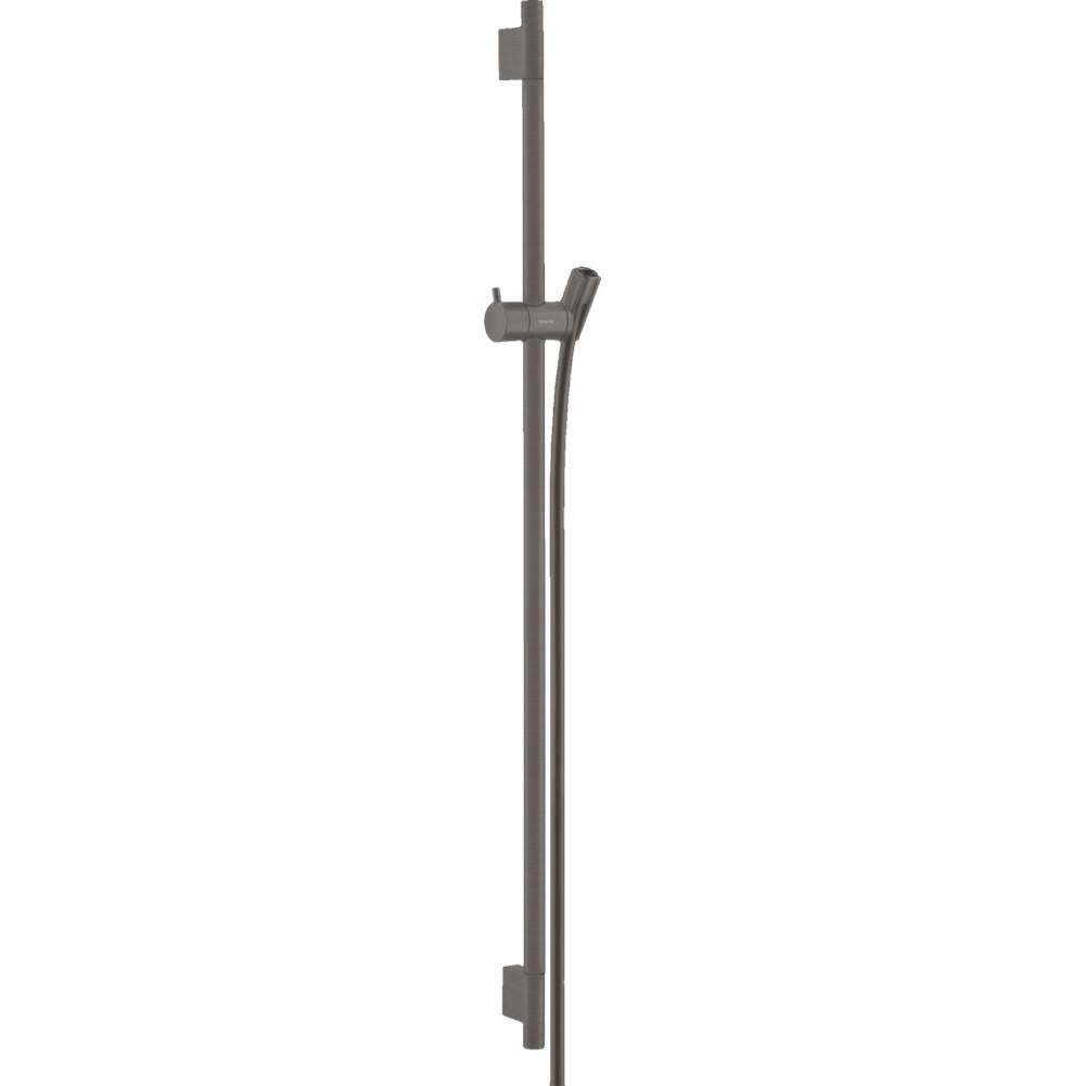 Brushed black chrome vertical shower bar with sliding handshower holder and mounting brackets.